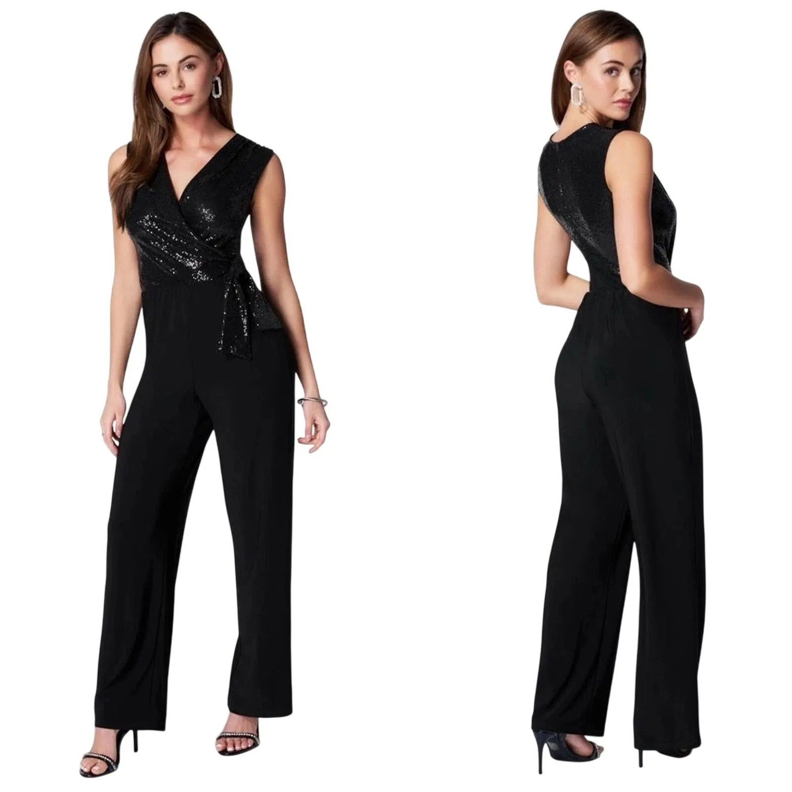 NYE Disco Bebe Sequined Sleeveless Wrap Jumpsuit Wide Leg Evening Formal L NWT - Image 2
