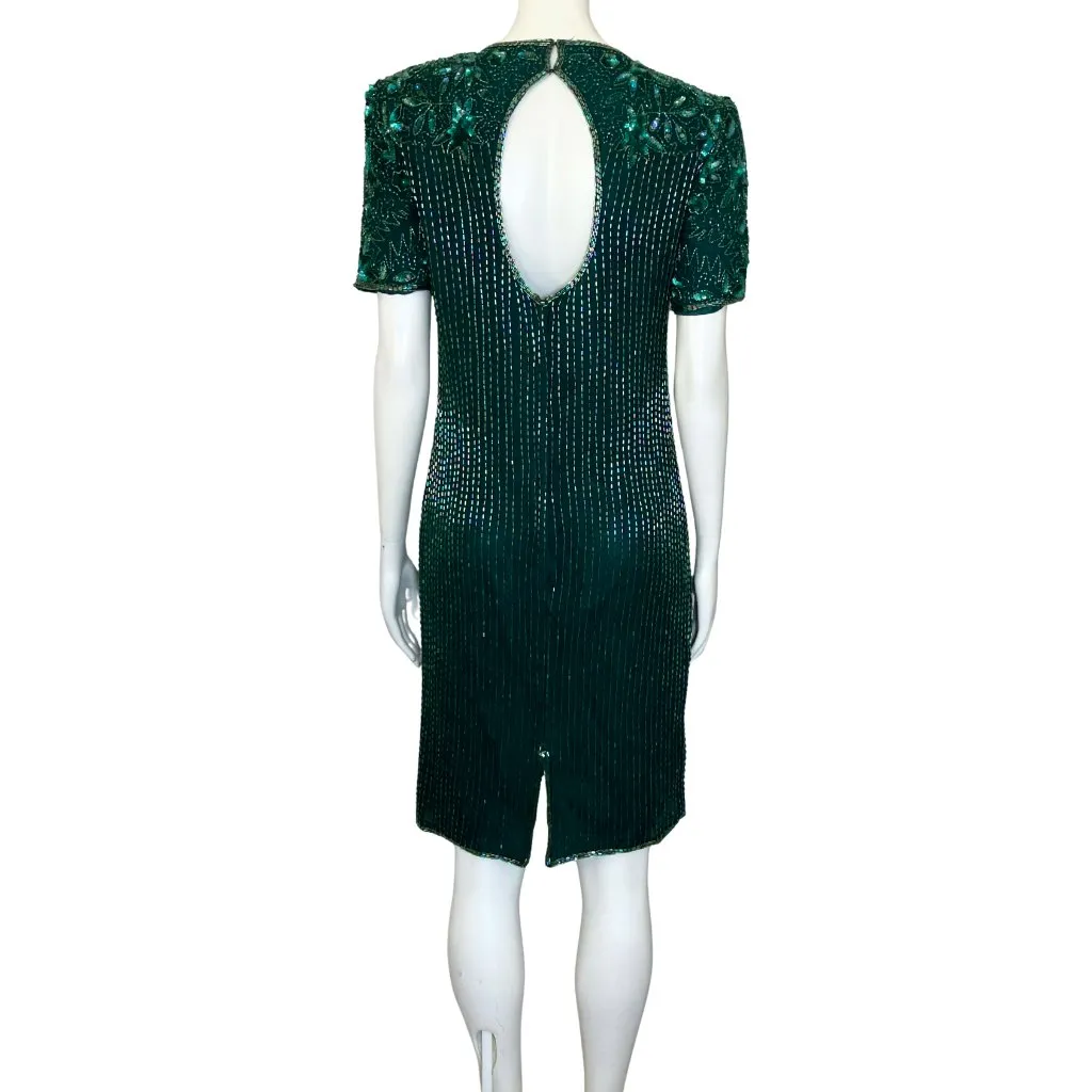 Vintage 80s 90s 100% Silk Green Beaded Papell Cocktail Dress. XS/S 4. Art Deco - Image 6