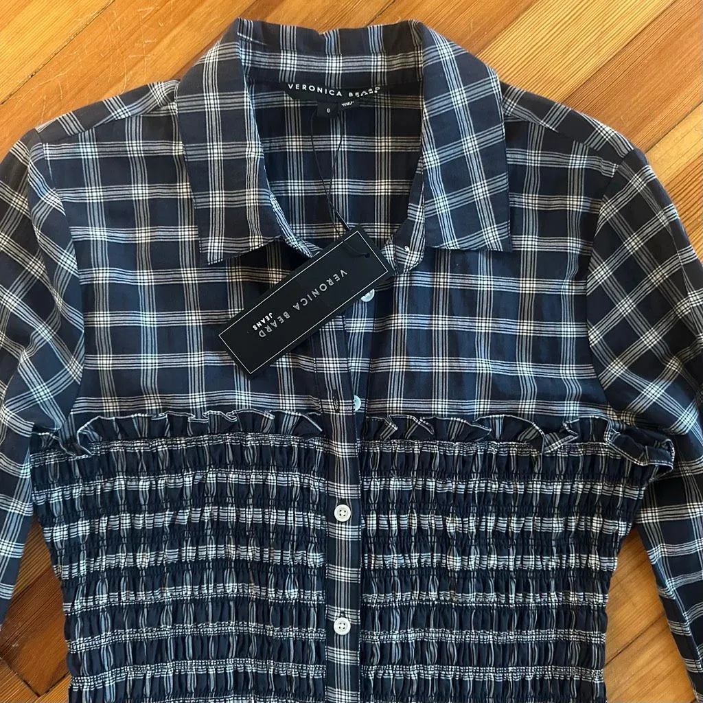 Veronica Beard NWT Kelsey Plaid Peplum Shirt Dress in Ink/White Size 8 - Image 5