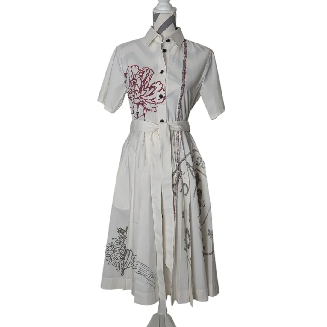 Christian Dior White Mid-Length Shirtdress Cotton Silk Blend with Motif 6 38 - Image 2