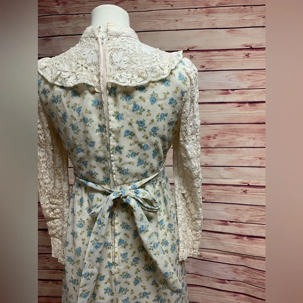 Vintage Floral High Neck Crochet Long Sleeve Prairie Dress - Image 14