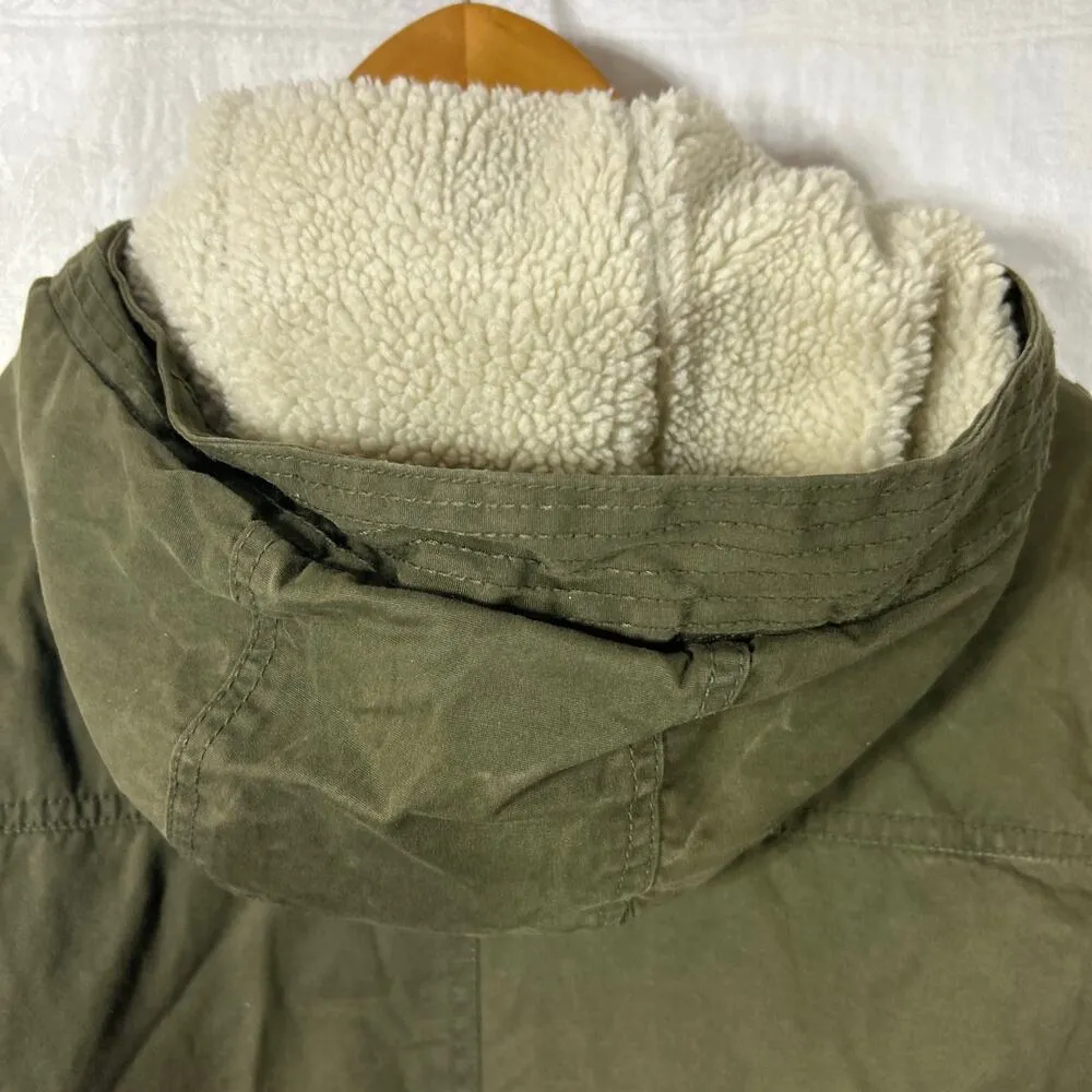 American Eagle Utility Jacket Large Army Green Flannel Sherpa Lined Hooded Zip - Image 13