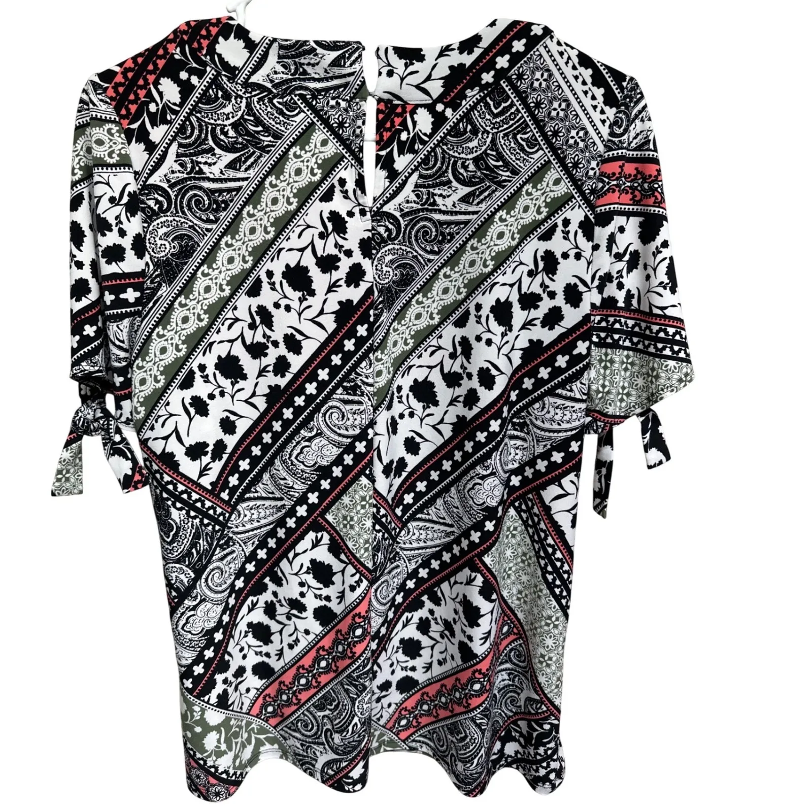 ROZ & ALI Women's Patchwork Print Tie Sleeve V Neck Top Size Medium Black White - Image 2