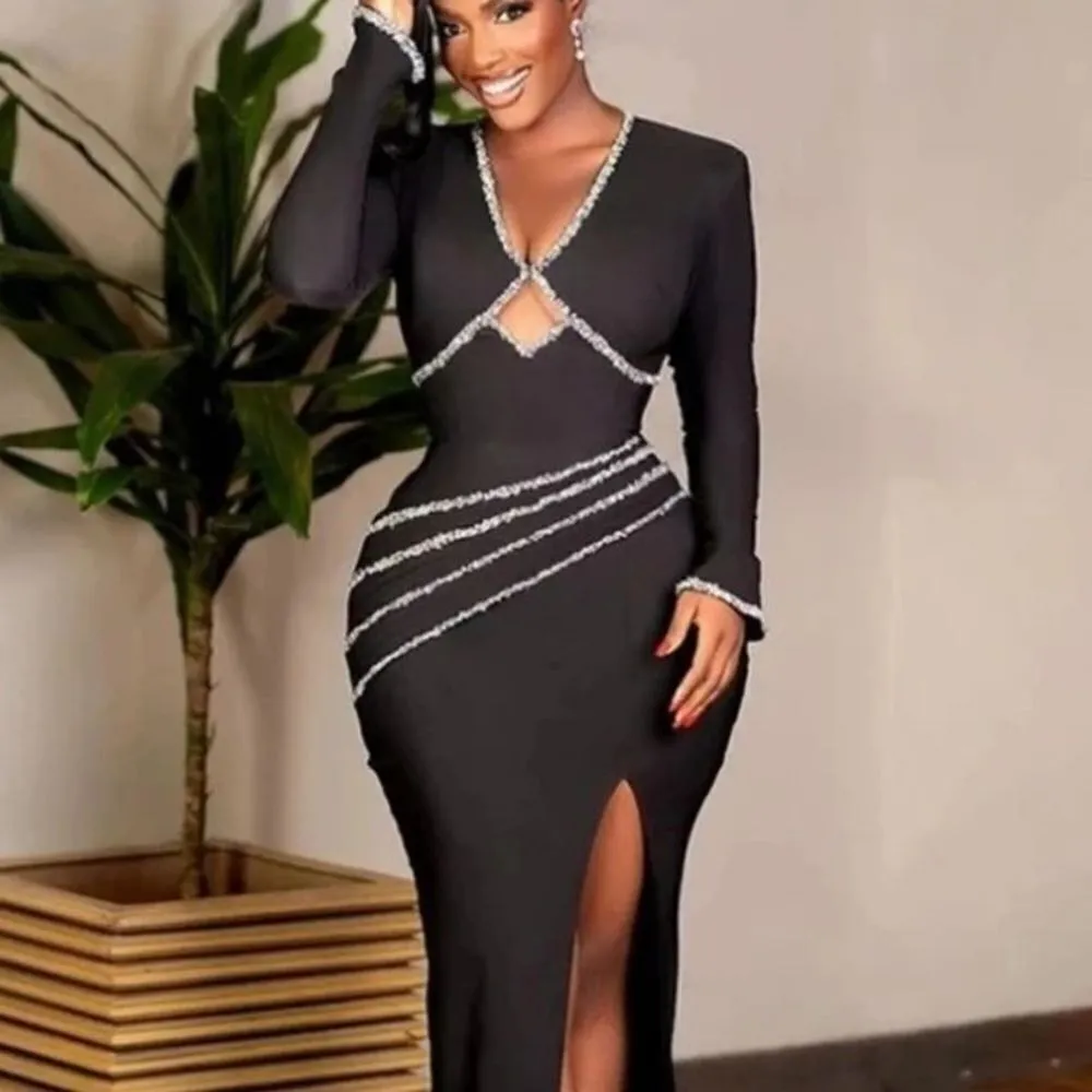 Black Long Sleeve BodyCon Club Party Event Dress Silver Detail Size L NEW Size L - Image 10