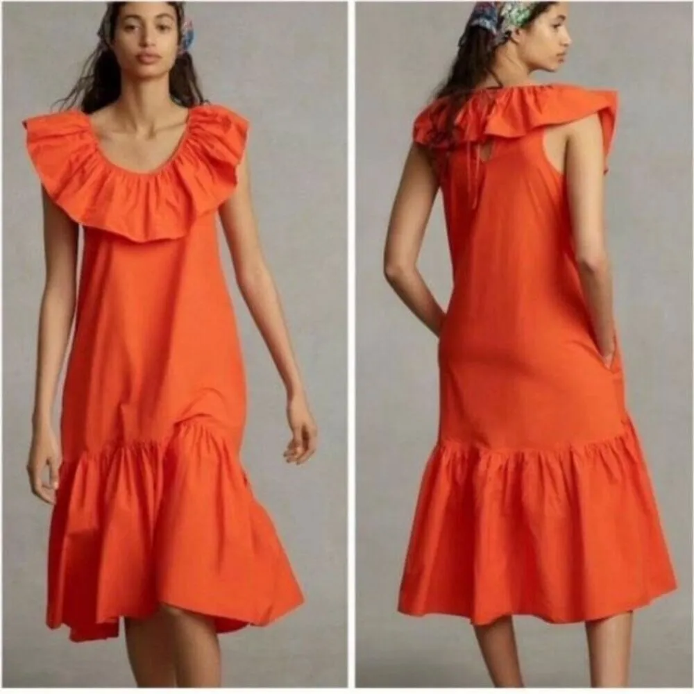 Anthropologie WHIT TWO Flouncy Bright‎ Orange Ruffled Tiered midi dress Small - Image 2