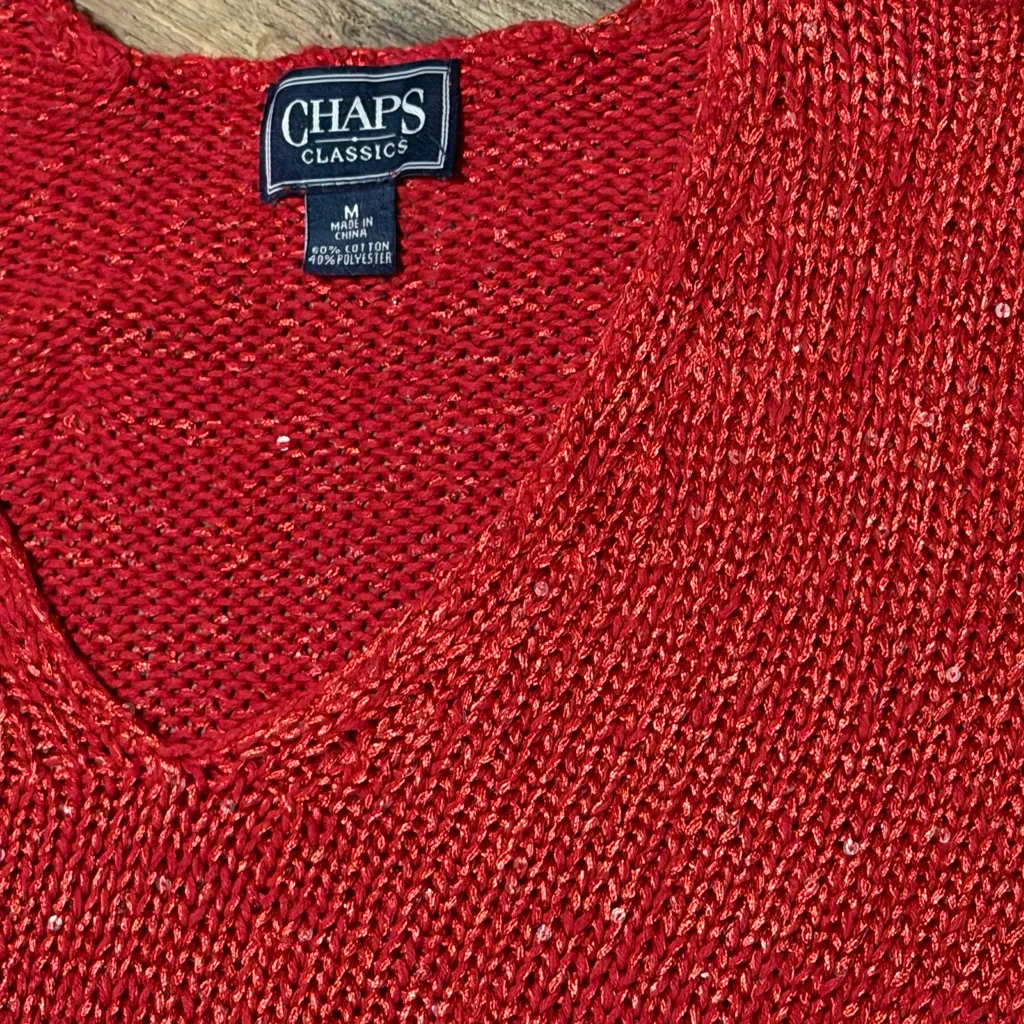 Chaps V-Neck Sweater in Vibrant Red Sparkly size Medium - Image 4