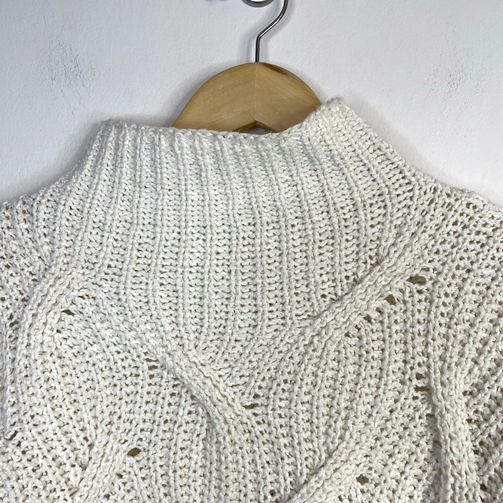 Free People Seasons Change Cotton Chunky Cable Knit Mock Neck Sweater Cream L - Image 2