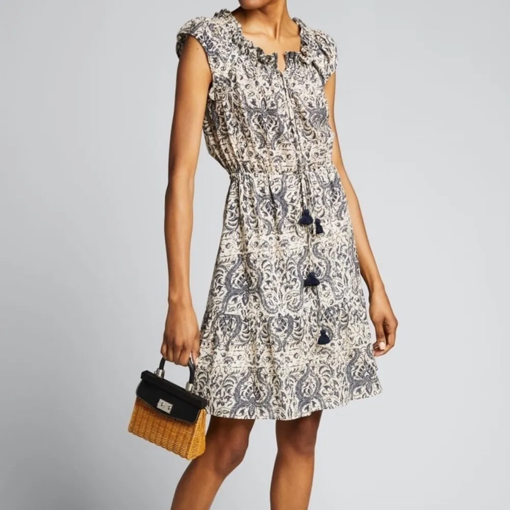 Figue Gianna Mini Dress XS Paisley Tan Blue Cotton Boho Beachy Coastal Tassel - Image 5