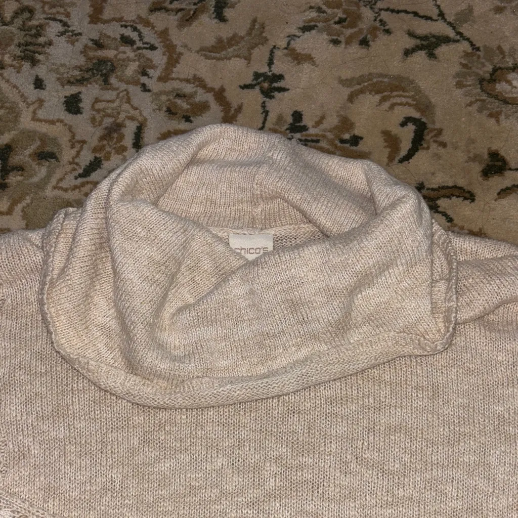 Chicos size 1 (8/10) Cowl Neck Lightweight Pointelle Crochet Sweater Minimal - Image 2