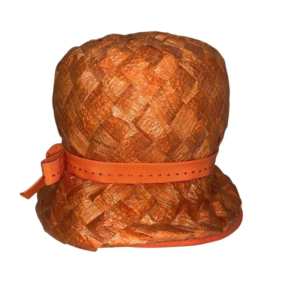 Vintage Orange Basket Weave Bucket Hat with Bow - Image 4