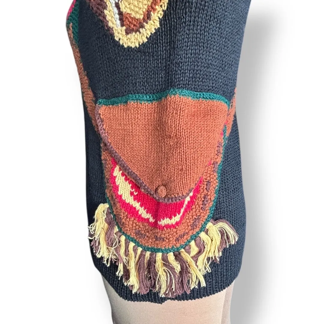 Vintage The Eagles Eye Black Hand Knit Chunky Equestrian Trompe Loeil Sweater Size M - Image 4