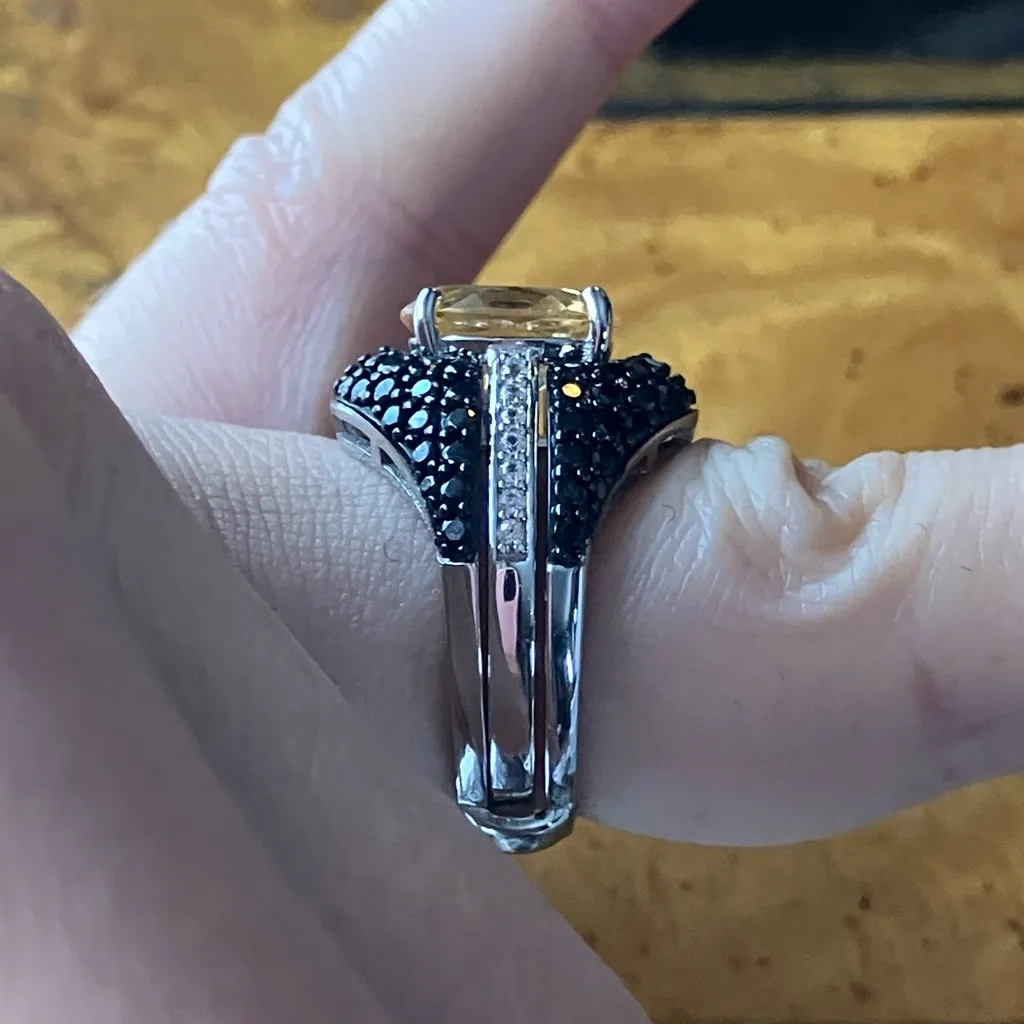 Natural Brazilian Citrine Black Spinel Ring Set Size 6 Silver - Image 3