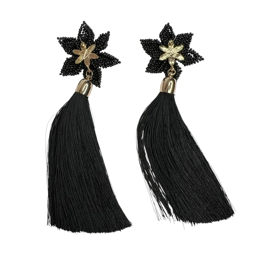 New Black Flower Seed Beaded Tassel Dangle Statement Earrings - Image 4