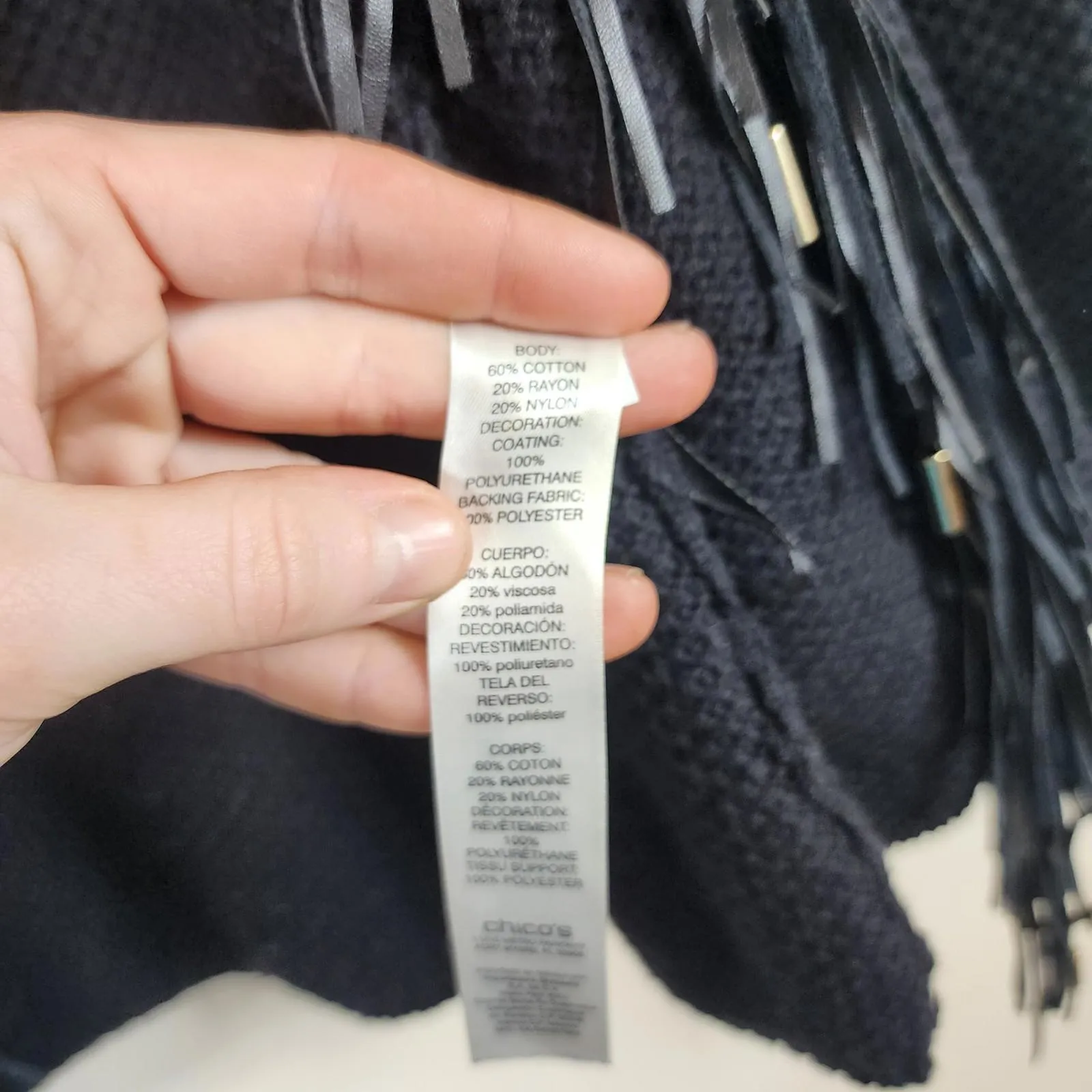 Chico’s Black  Knit Fringe Jacket Open Front Cardigan Size 1 Festival Western - Image 4