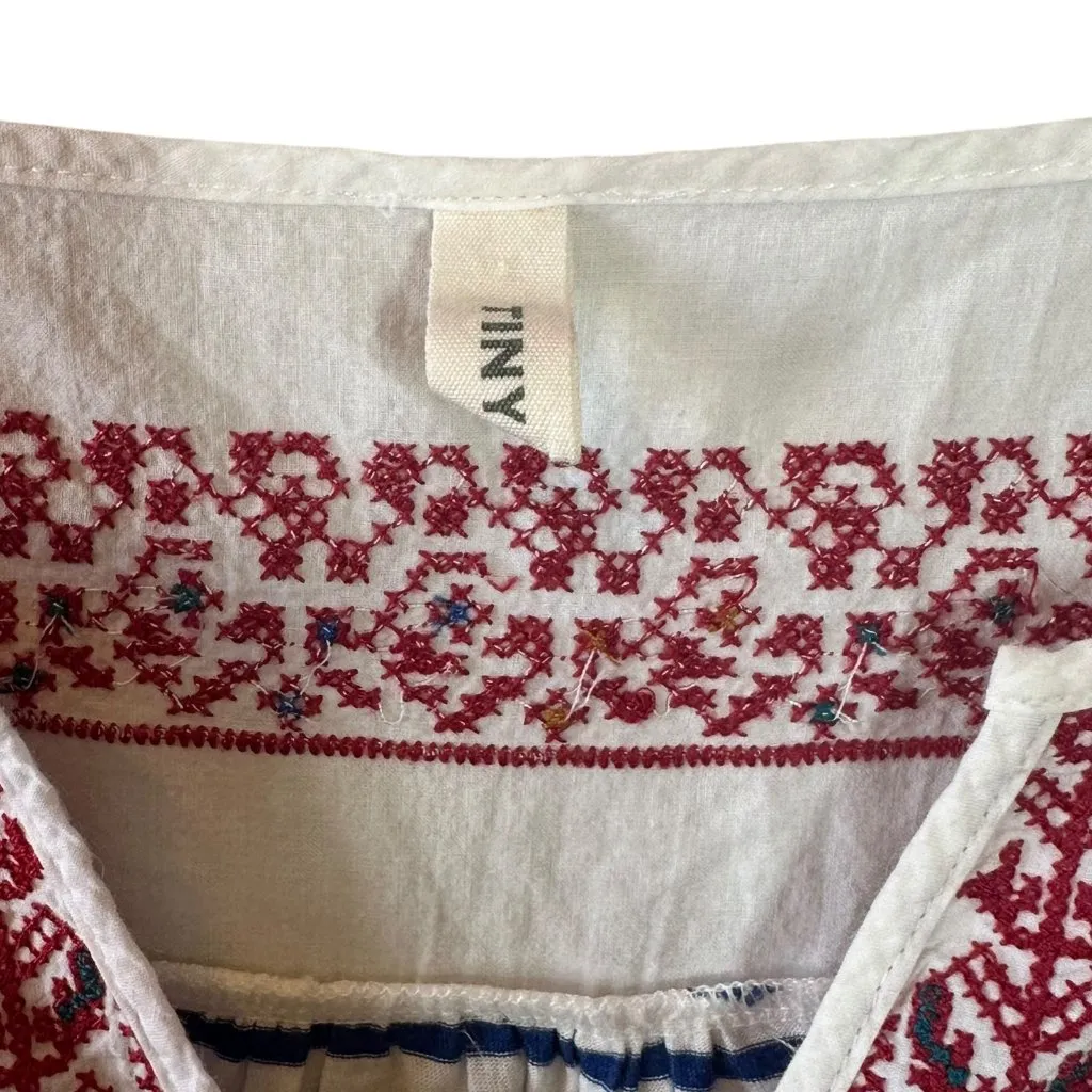 Anthropologie Tiny Embroidered Striped Top Blue White Boho Peasant Blouse Medium - Image 6