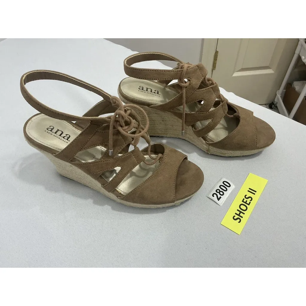 Womans Ana Size 8 Tan Suede Strappy Lace Up Open Toe Wedge Espadrille Sandals - Image 2