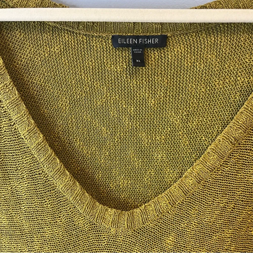 Eileen Fisher Top Greengold Melange Linen Grain V Neck Knit Sz XL EUC Short Slv - Image 3