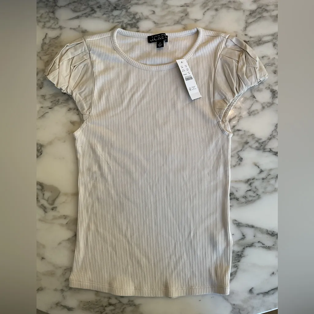 NWT J.Crew Vintage Rib Tee / Poplin Puff Sleeves in Natural Sz XS - green tape - Image 3