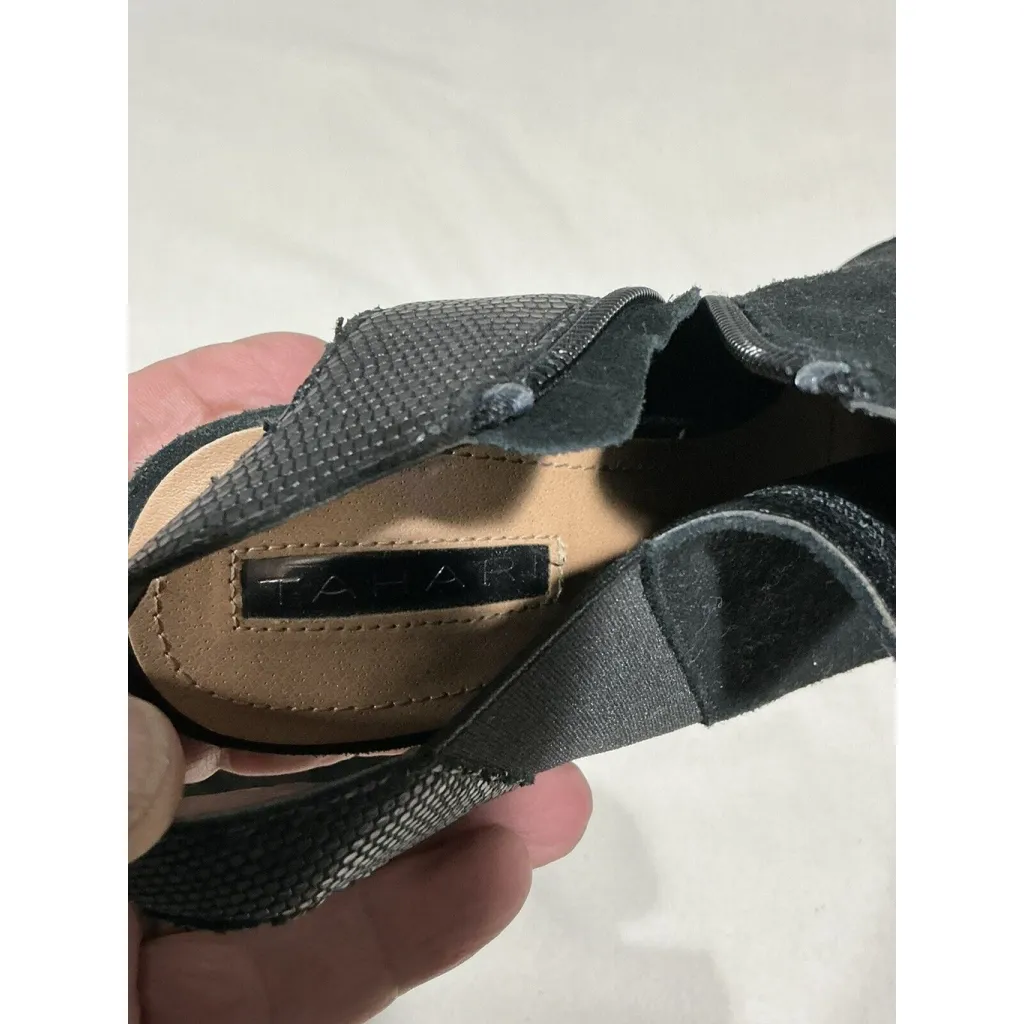 Womans Tahari Mercy Black Suede Peep Toe Chunky Heel Shoe Bootie 9 M Side Zip - Image 7