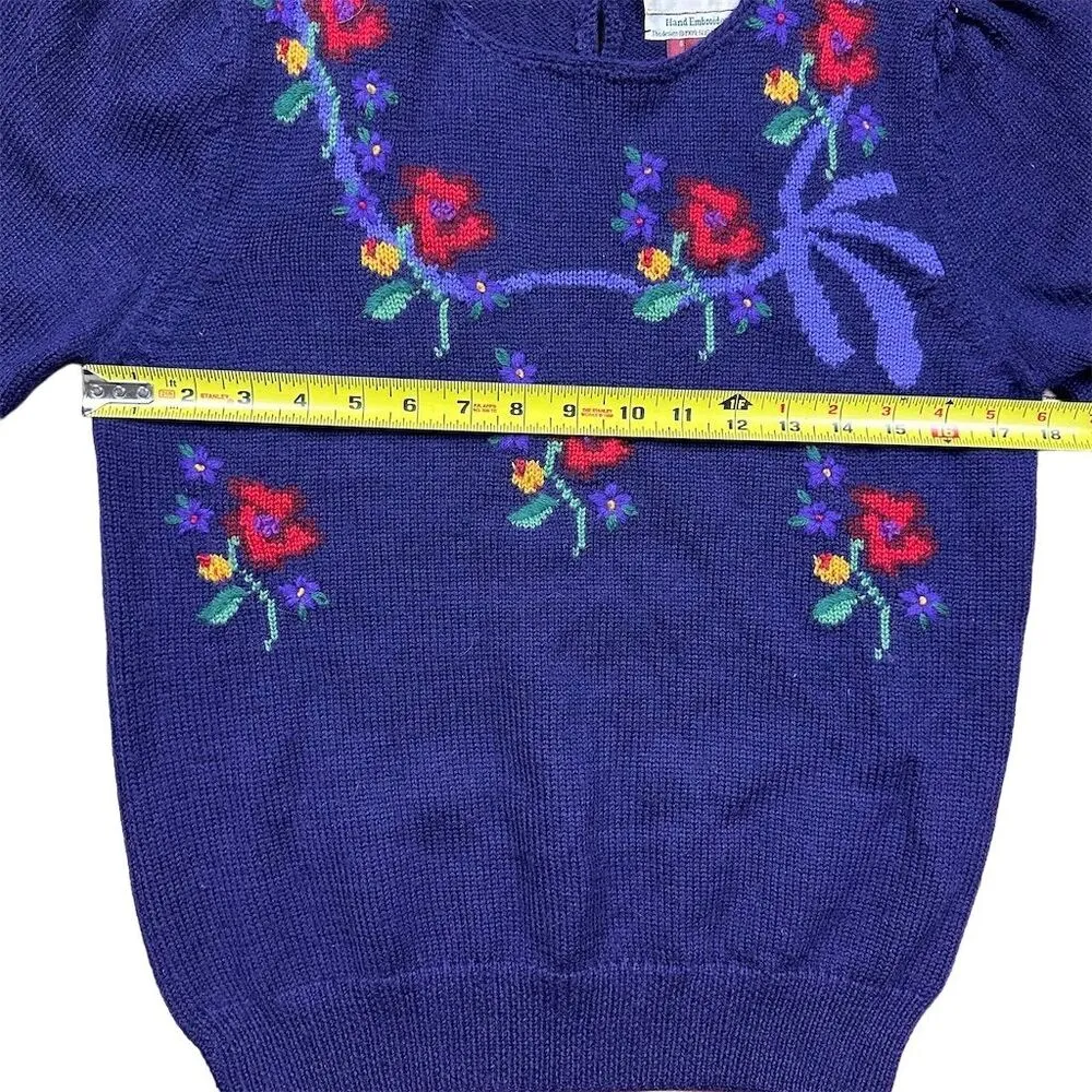 Vintage Susan Bristol Hand Embroidered Wool Sweater Purple Floral Size 34 Small - Image 4