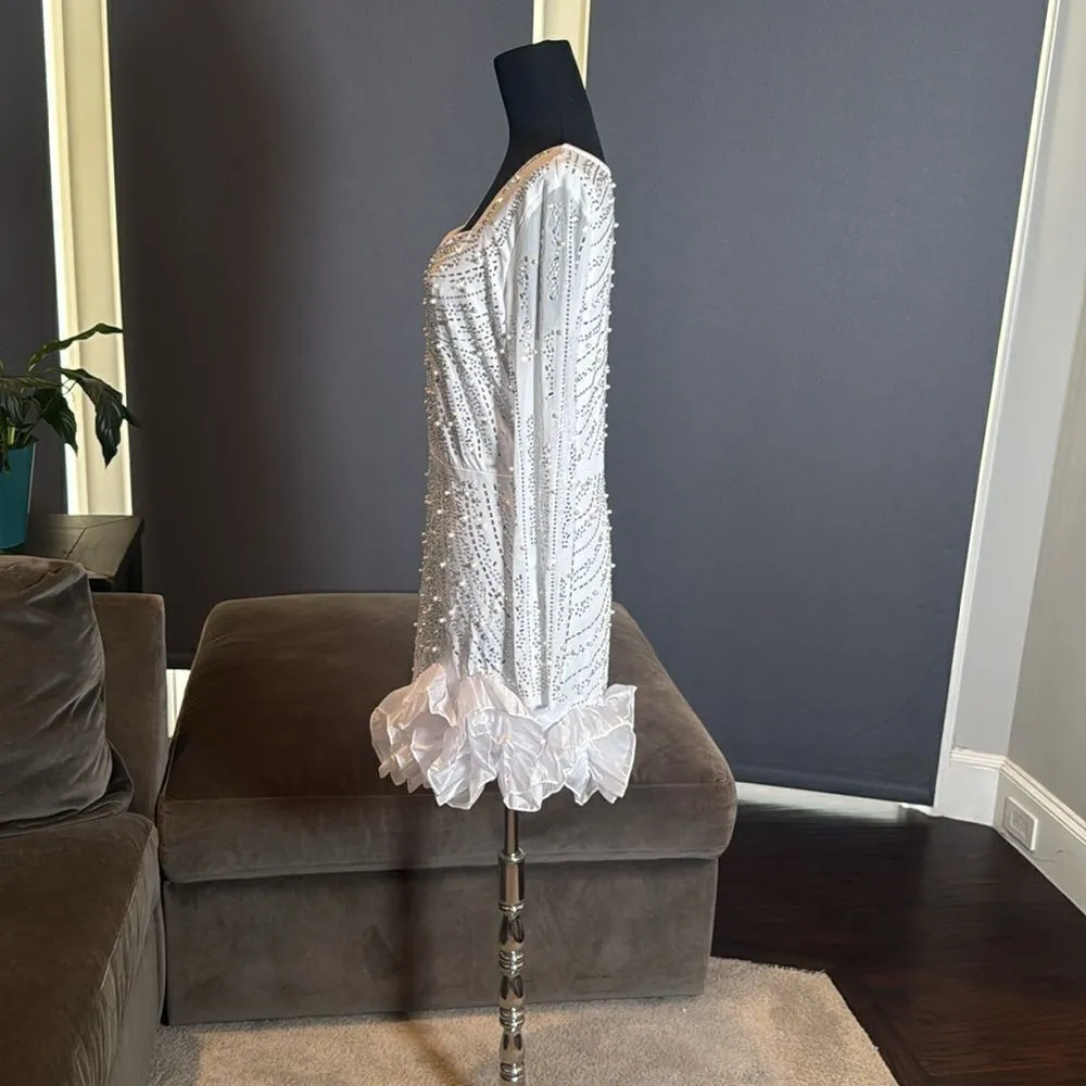 Short White Sparkly BodyCon Party Dress Long Sleeve Ruffle Hem Size L NWOT Size L - Image 7