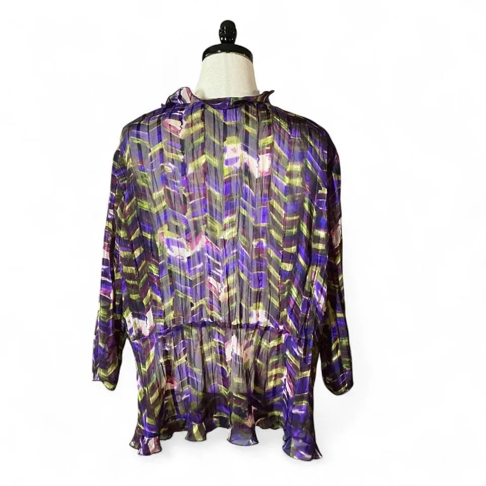 Notations Woman Plus Size 3X Purple Green Abstract Print Sheer Ruffle Kimono - Image 2