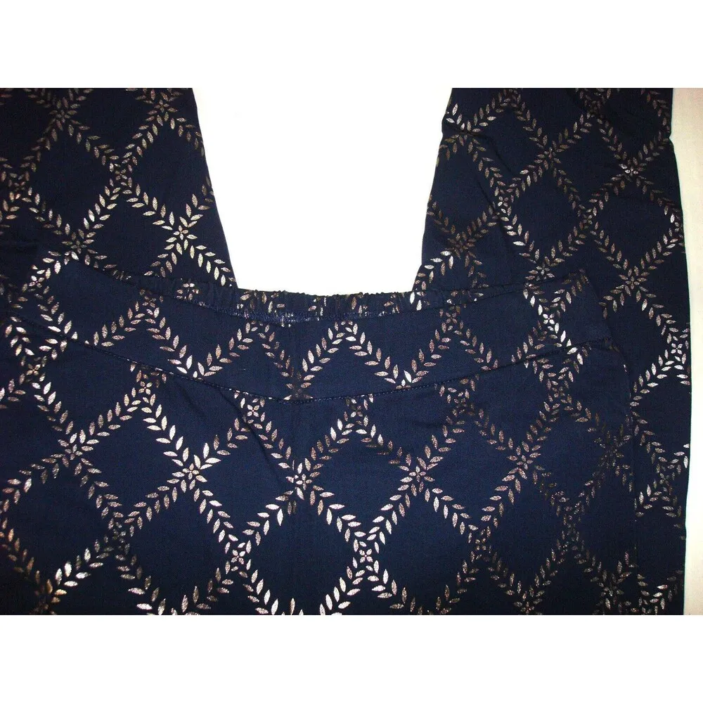 New Womens Isaac Mizrahi Live! Stretch Navy Blue Silver Foil Leaf Pants 4 T Tall - Image 3