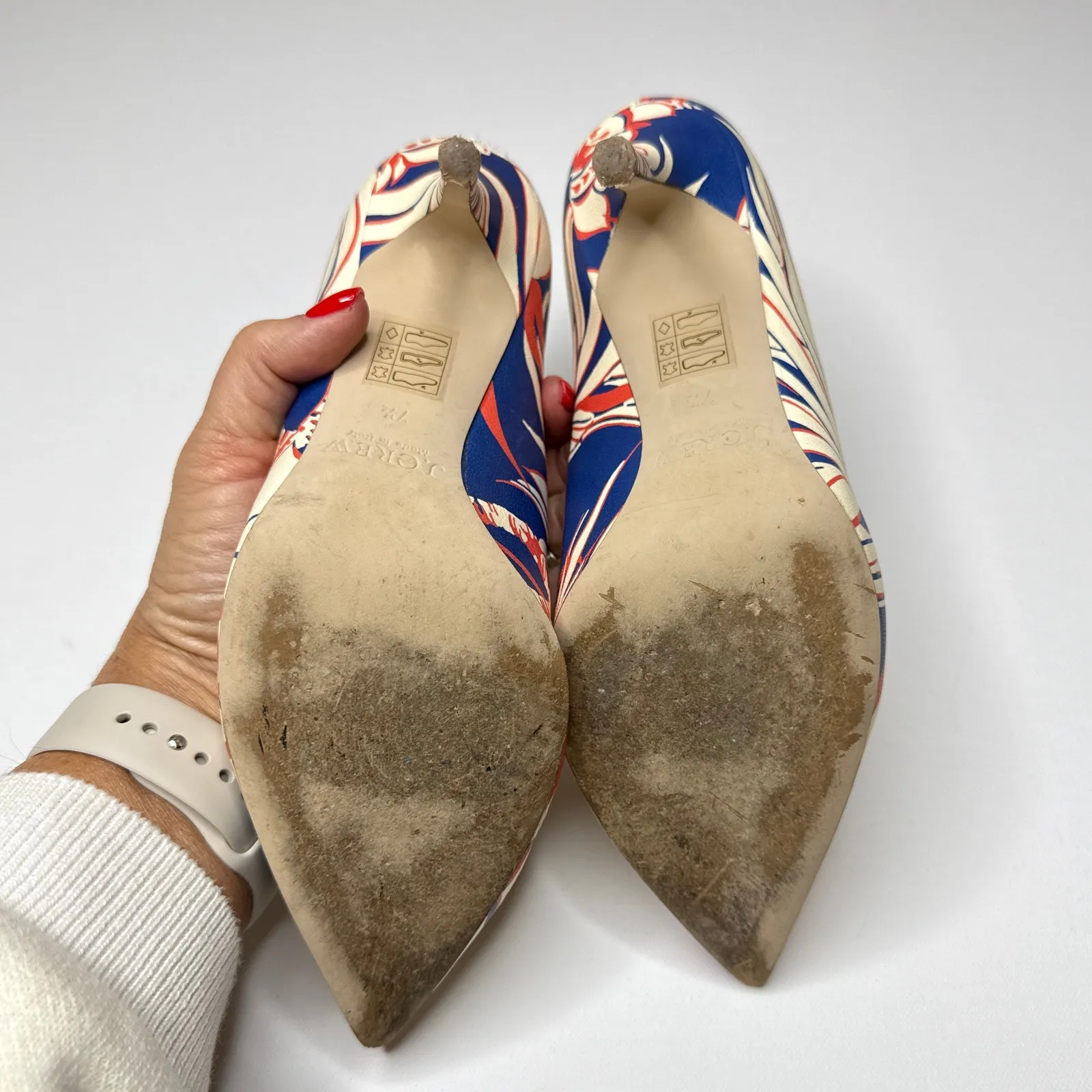 J.Crew Italian Made Leather Floral Heels Size 7.5 Cream‎ Blue Red Print 4" Heel - Image 8