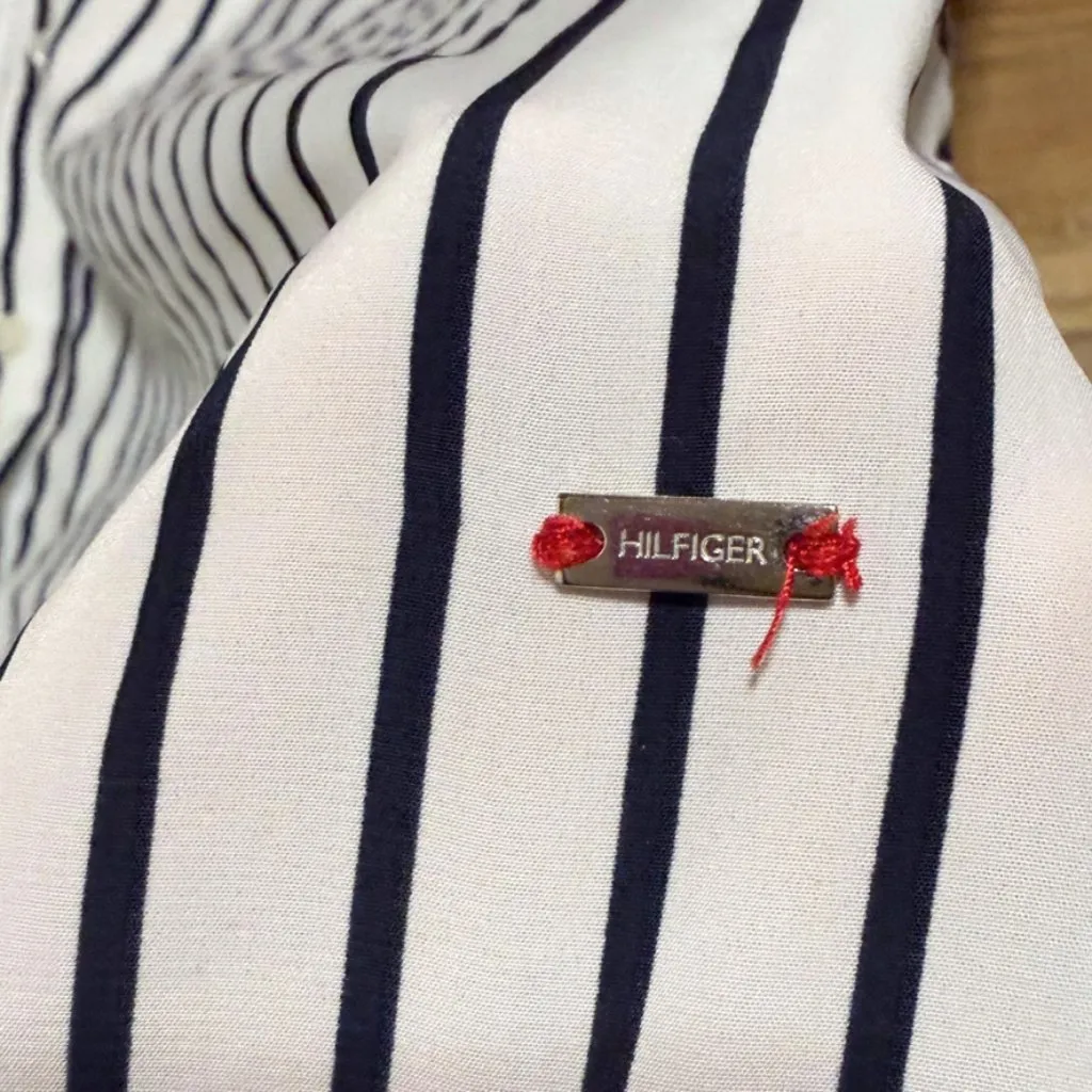 Tommy Hilfiger Striped 3/4 Sleeve Navy + White Button Down Casual Blouse Sz L - Image 4