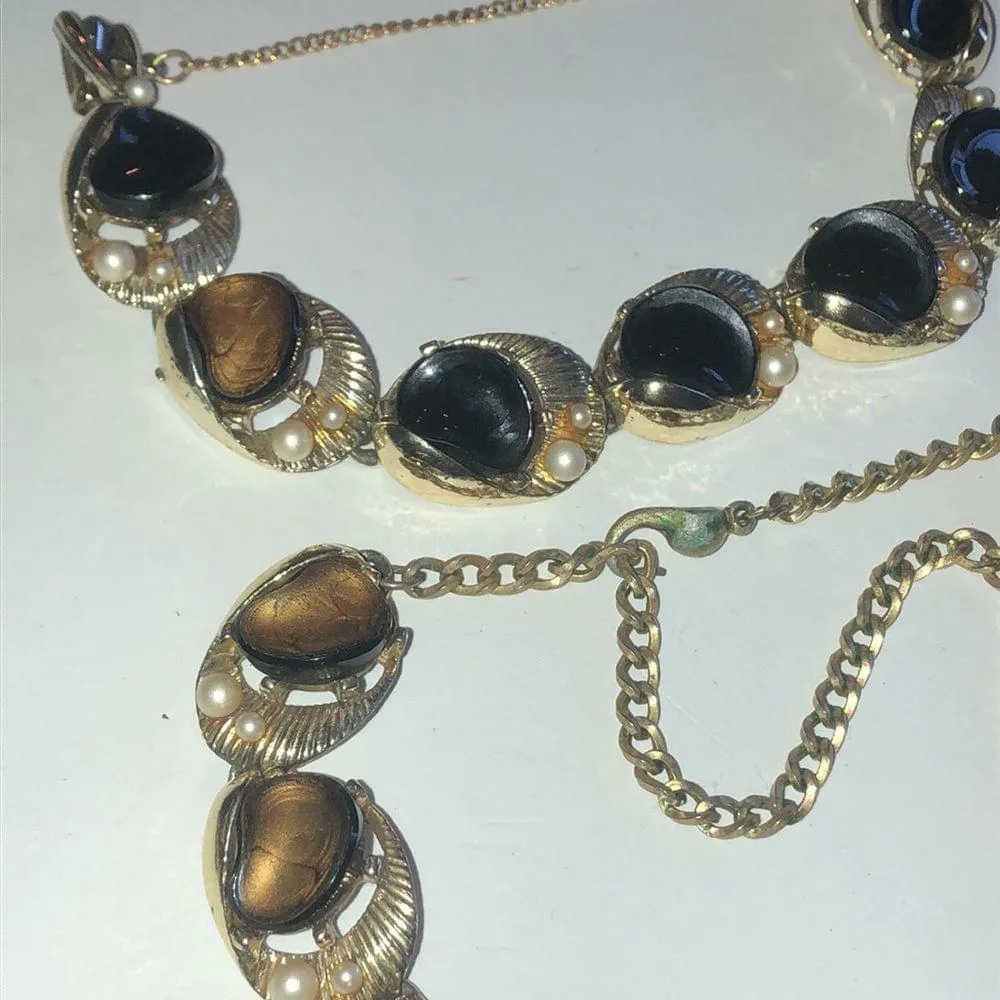 Rousseau Vintage Thermoset Black & Brown Chunky Retro Necklace & Bracelet Set - Image 7