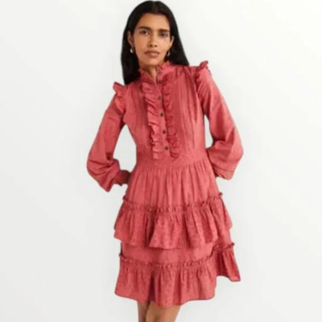Boden Mixed Broderie Dusty Red" Eyelet Ruffle Dress Size 8L Pink - Image 2