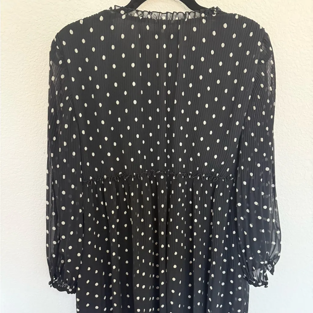 ZARA Long Sleeve Babydoll Mini Dress Black and White Polka Dot Chiffon Small - Image 9