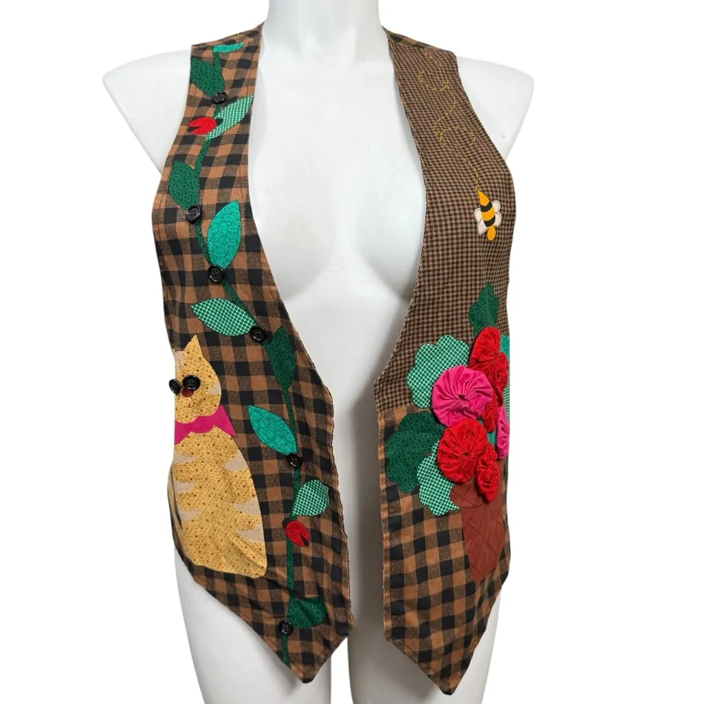 Vintage Handmade Patchwork Cat & Flower Appliqué Vest Women’s Size Large - Image 3