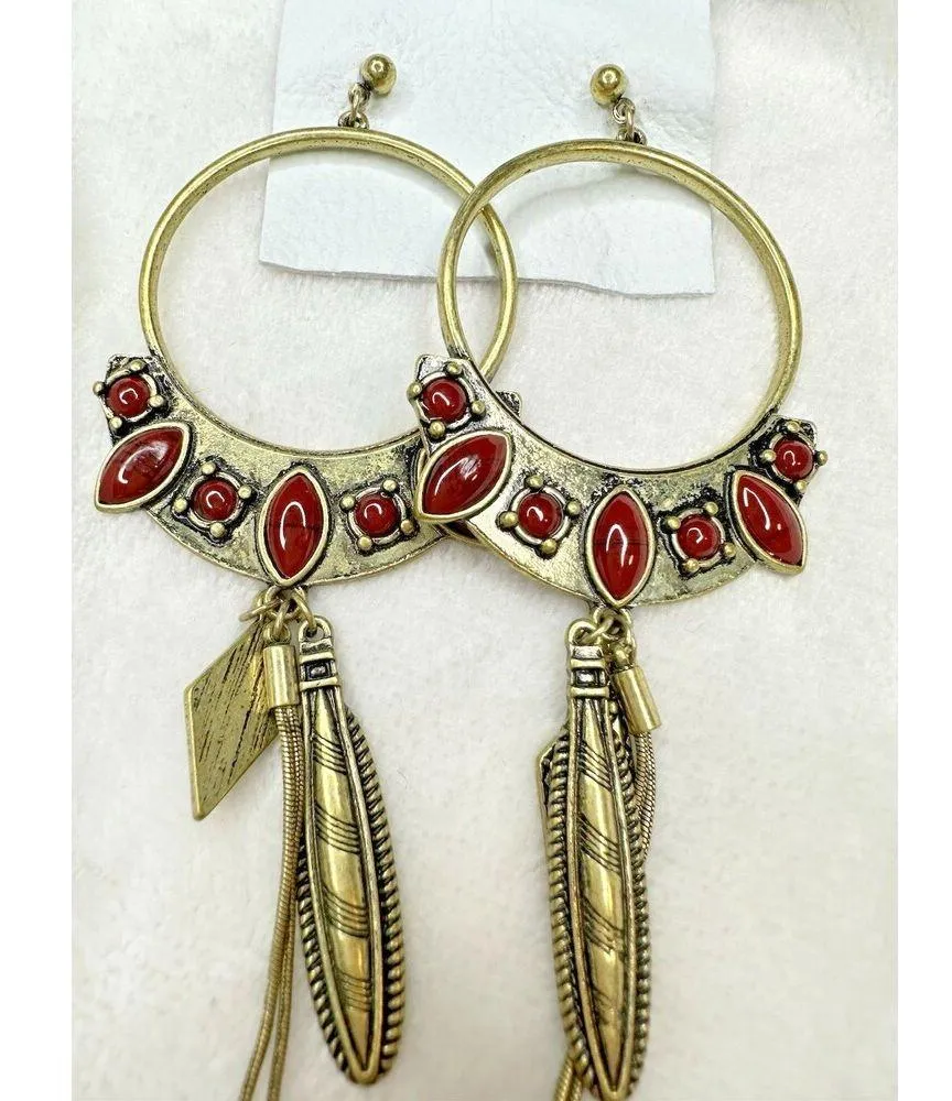 NEW Free People Winona Hoops In Brass Red Jasper Bohemian Western Boho Dangles - Image 2