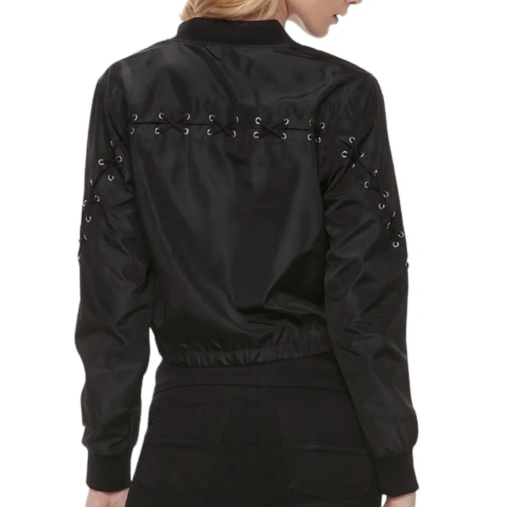 Rock & Republic Lace Up Cropped Black Zip Up Lightweight Bomber Jacket Womens S - Image 3