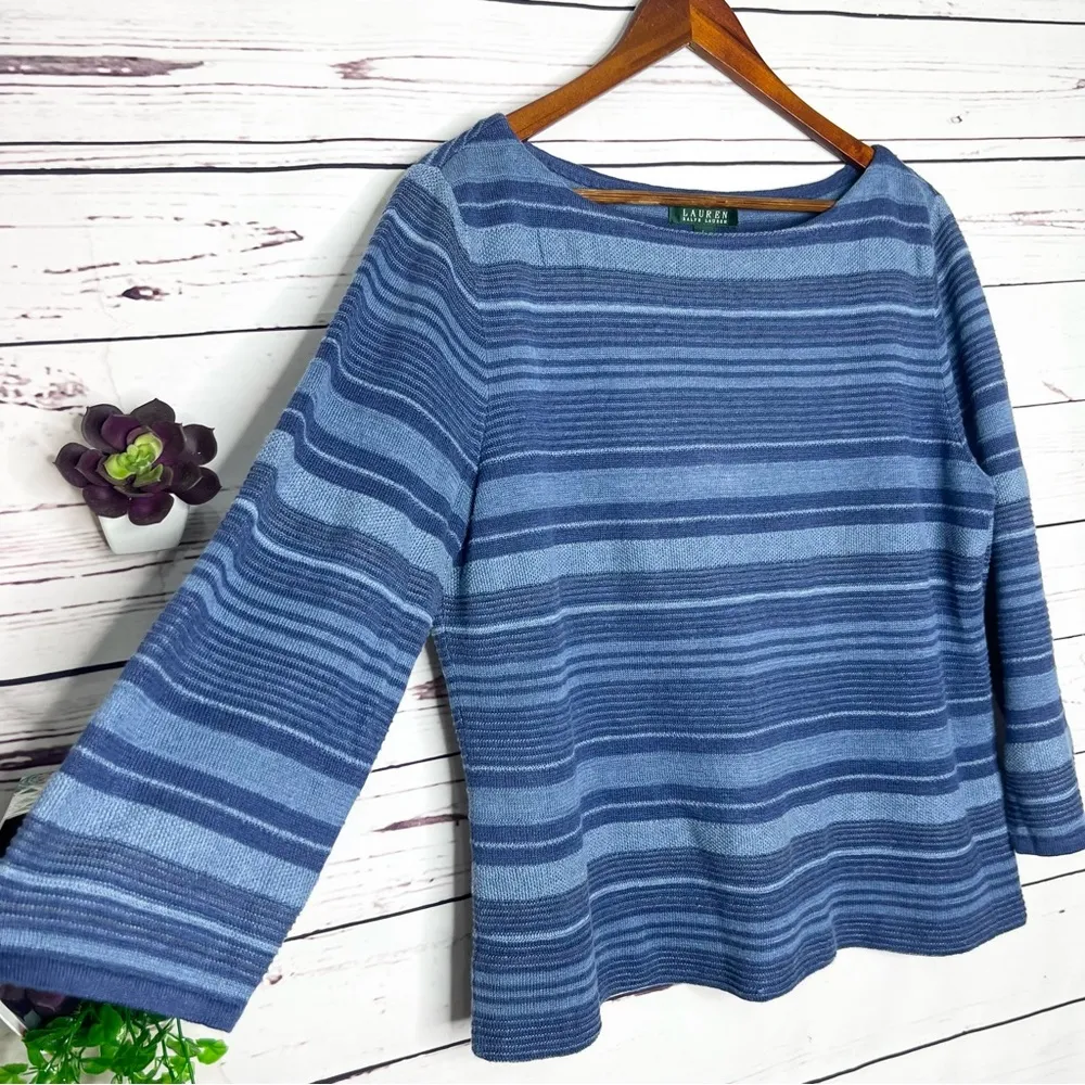 Lauren Ralph Lauren Blue Striped Linen Top Size Large - Image 2