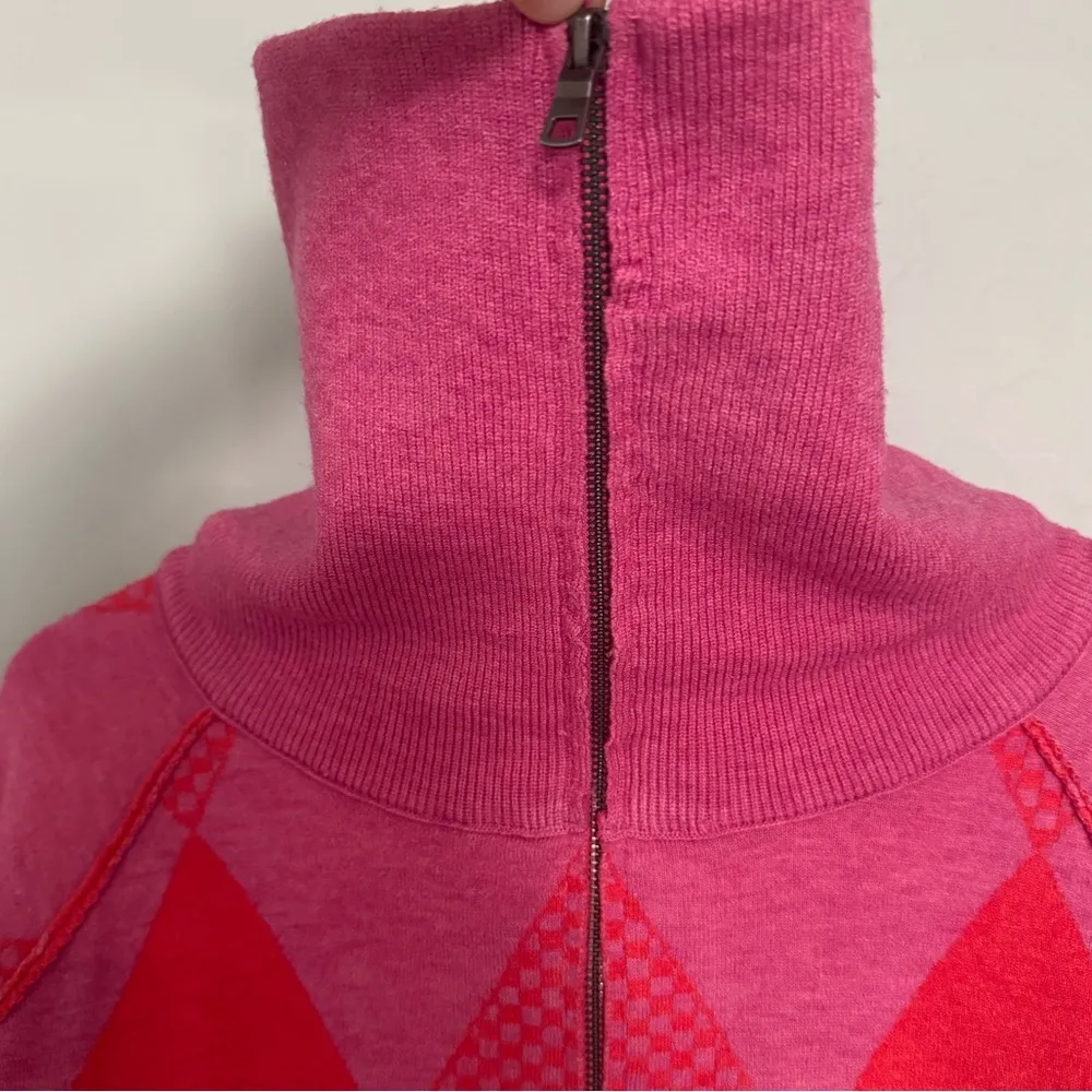 Free People Lucy In the Sky zip collared Red Pink Argyle Sweater oversized XS - Image 4
