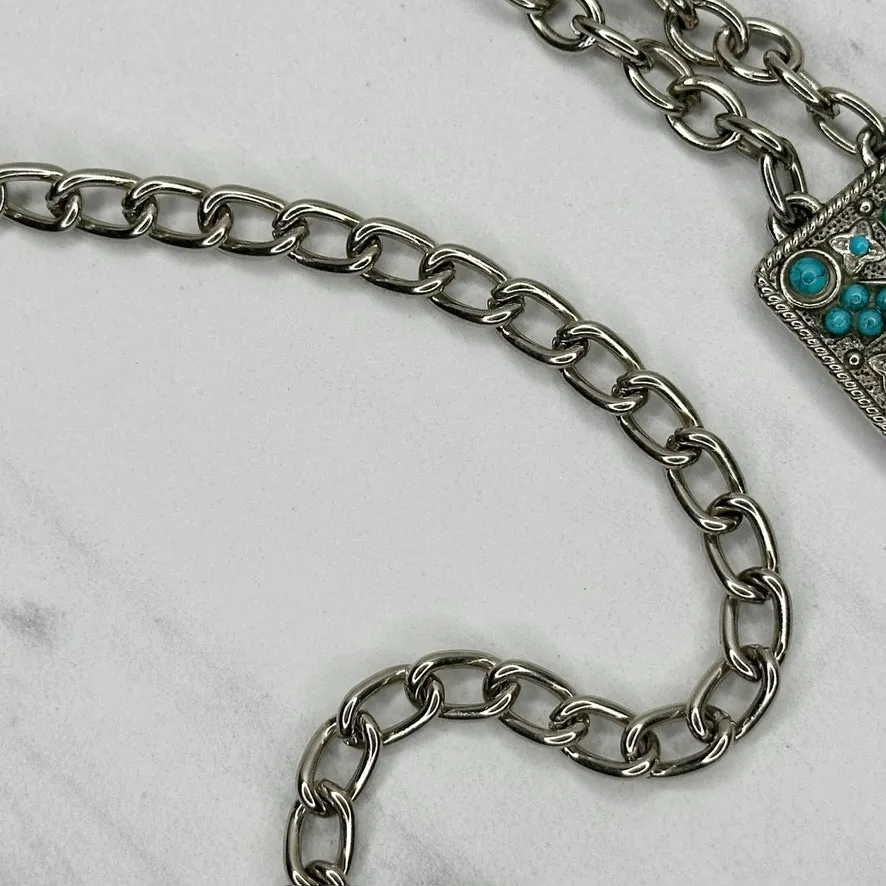 Faux Turquoise Studded Square Silver Chain Link Belt One Size (OS) ✨ - Image 13