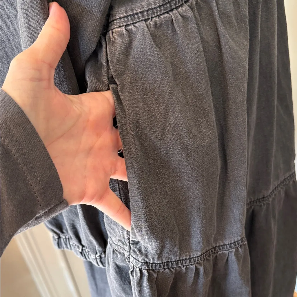 Madewell Tiered Babydoll Tunic Dress Charcoal Gray Long Sleeve Pockets Size M - Image 6