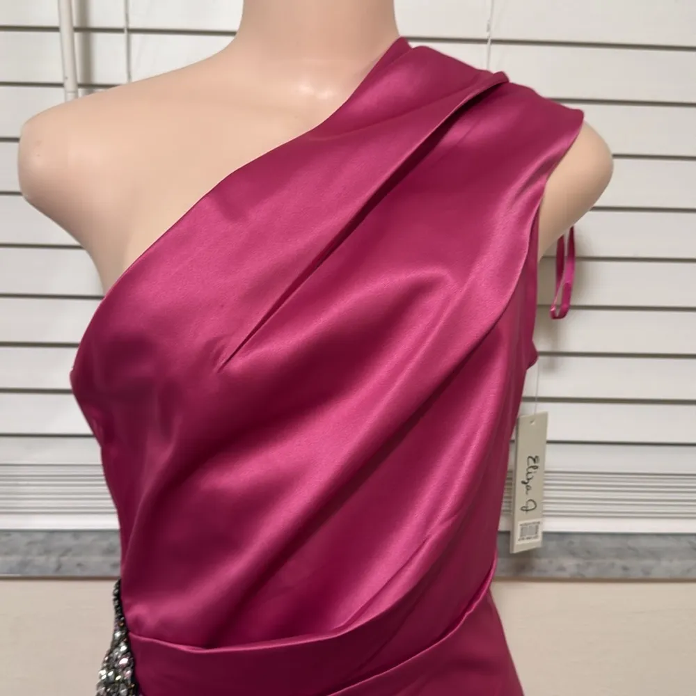 Eliza J NWT Beaded Hot Pink One Shoulder Satin Cocktail Dress size 8 sequined - Image 7