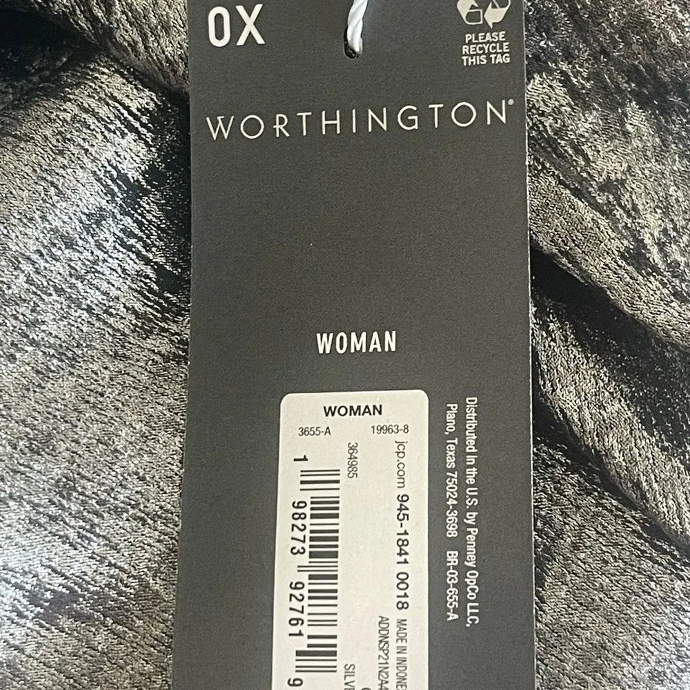 Worthington 0X Shimmering Silver Blouse Keyhole Neck Short Sleeve Satin - Image 7