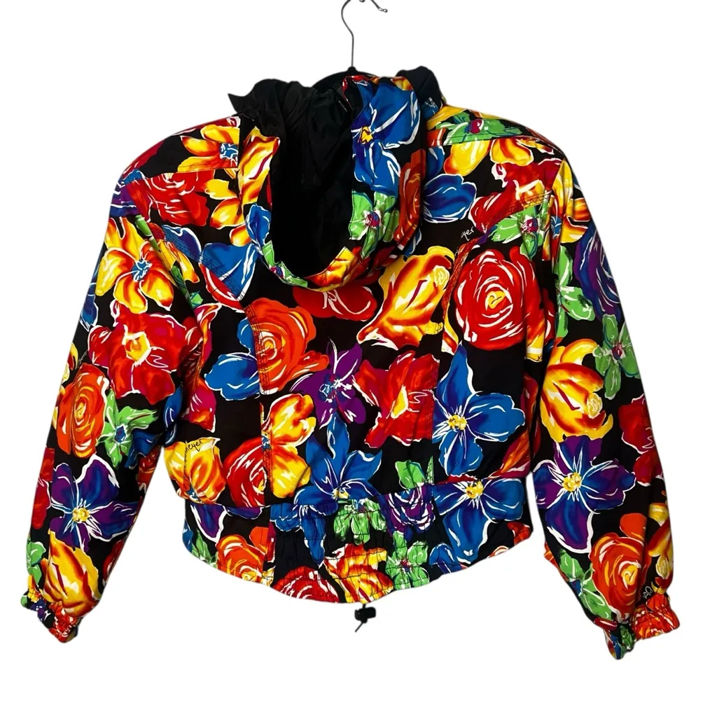 Obermeyer Bright Floral Ski Puffer Jacket Hooded Drawstring Waist Retro Size 10 - Image 3