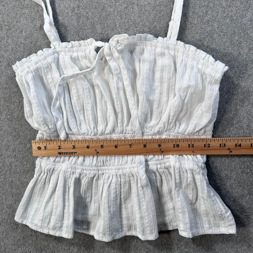 Promesa White Gauzy Tank Top Size Medium Peplum Ruched Waist Keyhole Tie at Neck - Image 3