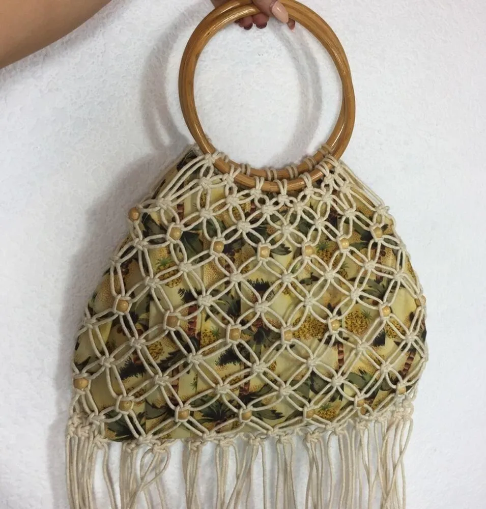 Vintage Macrame Pineapple Print Fringe Beaded Boho Handle Bag Yellow - Image 9