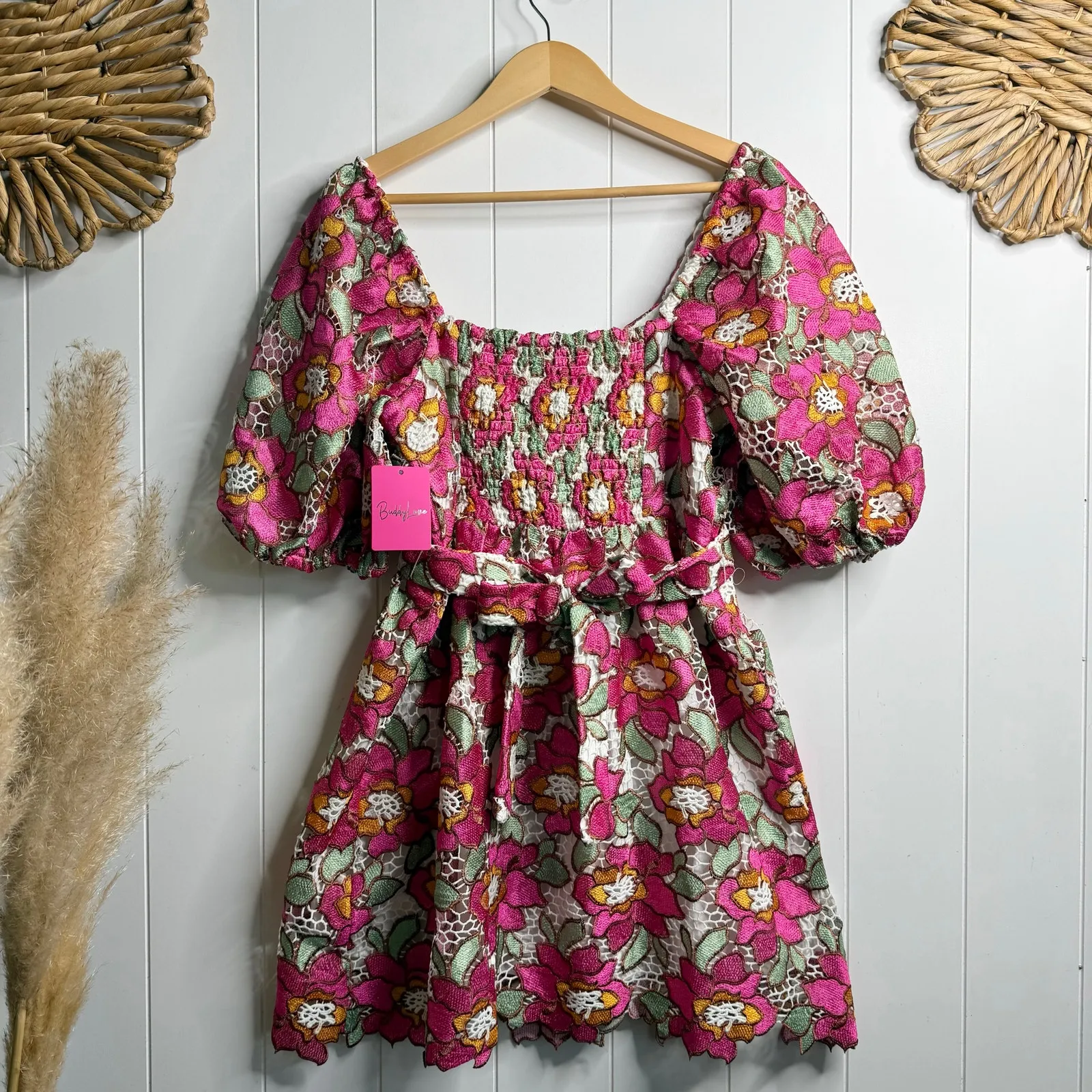 Buddy Love mini dress floral embroidery puff sleeves babydoll Pink Size M - Image 6