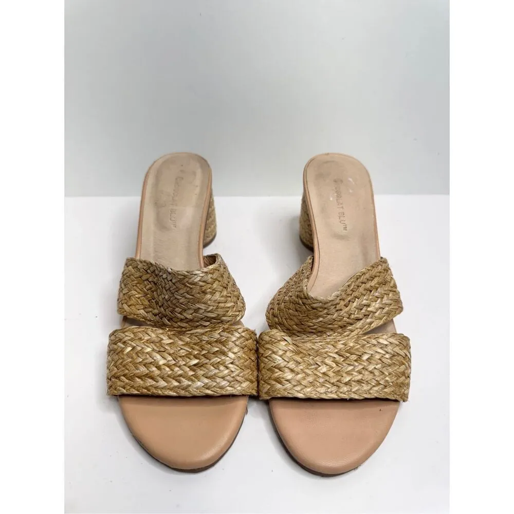 Chocolat Blue Sandals Size 8 Raffia Slide Sandals Block Heel Leather Lining - Image 4