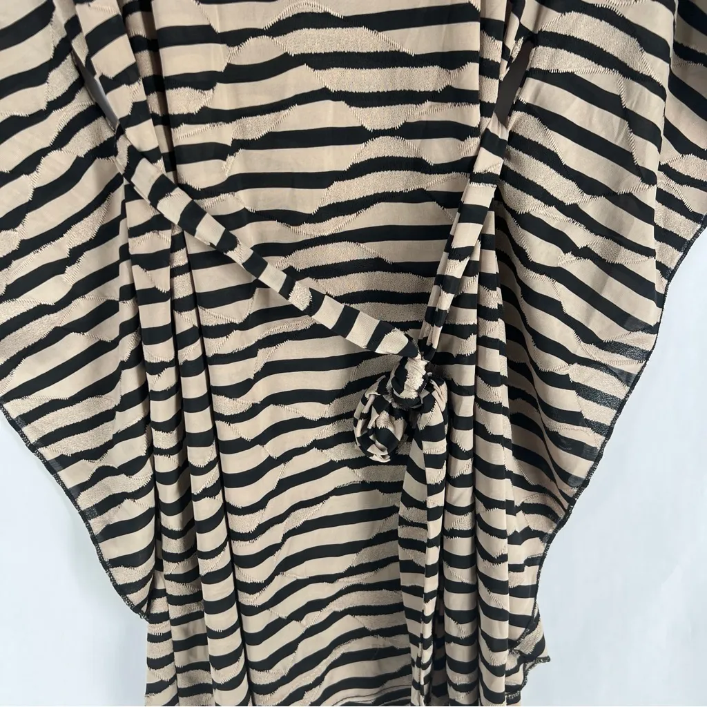 Elif‎ Jordan Taylor Semi Sheer Tan & Black Striped Belted Batwing Tunic Coverup - Image 4