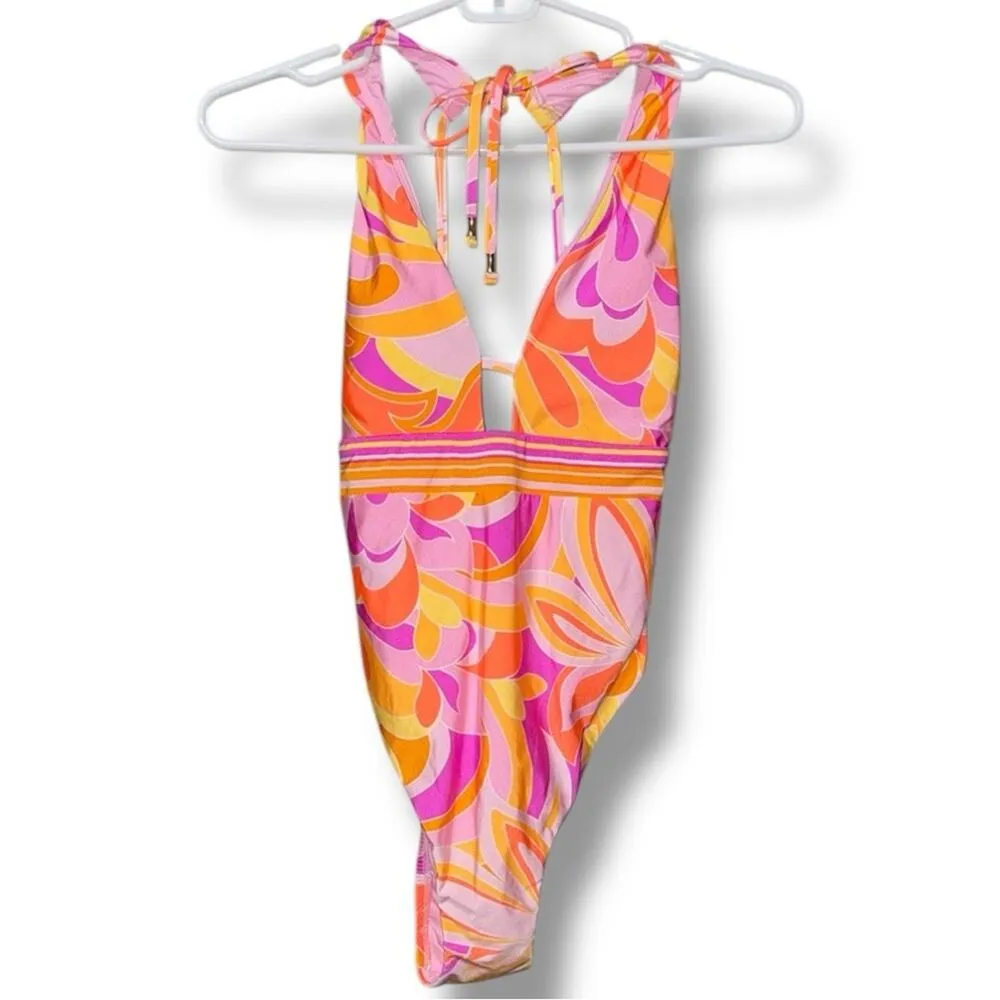 Sunshine 79 women’s size 2 multi Plunge Mio One Piece Swimsuit removable pads Pink - Image 12