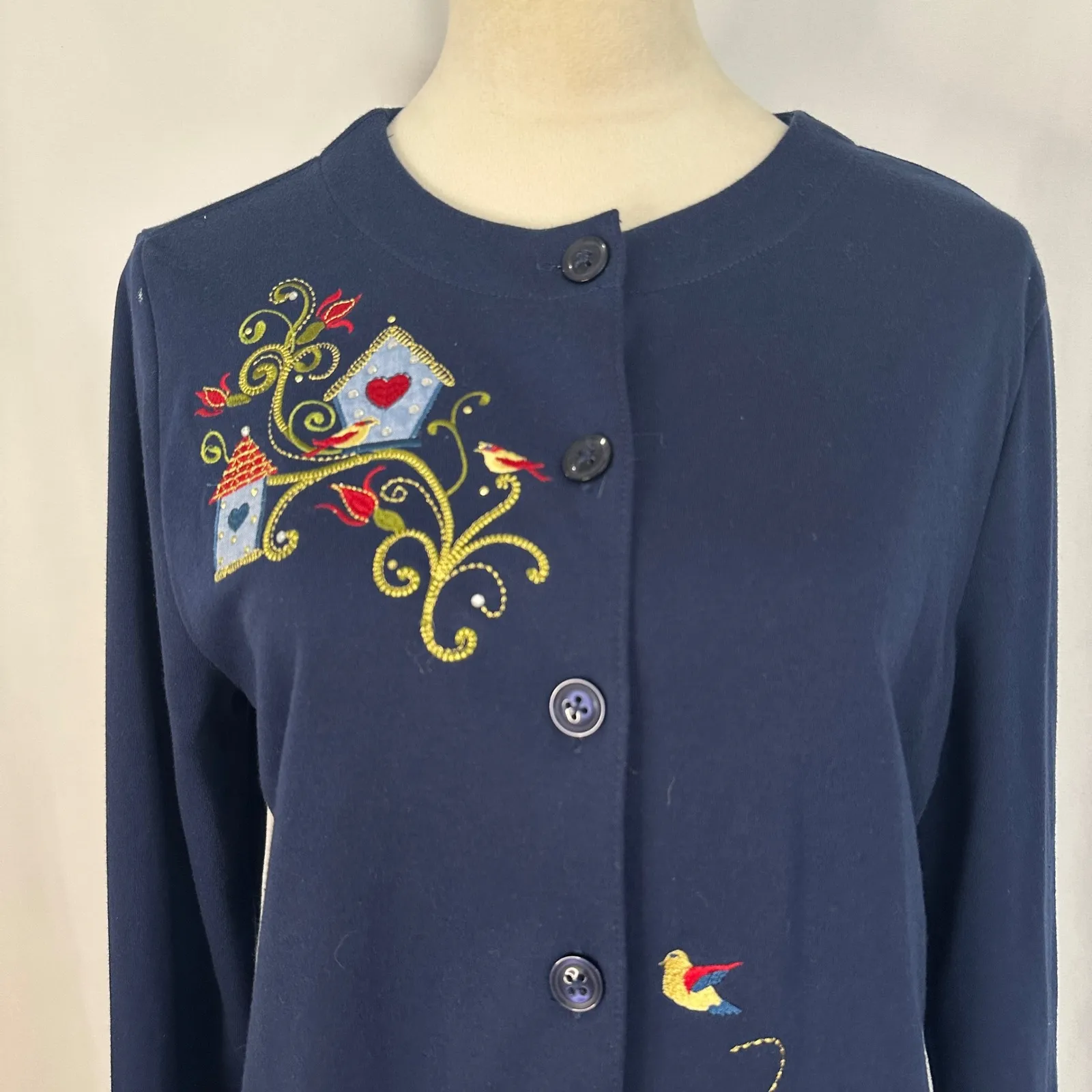 Breckenridge Embroidered Birdhouse Cardigan Sweater Women Petite Medium‎ Navy - Image 2