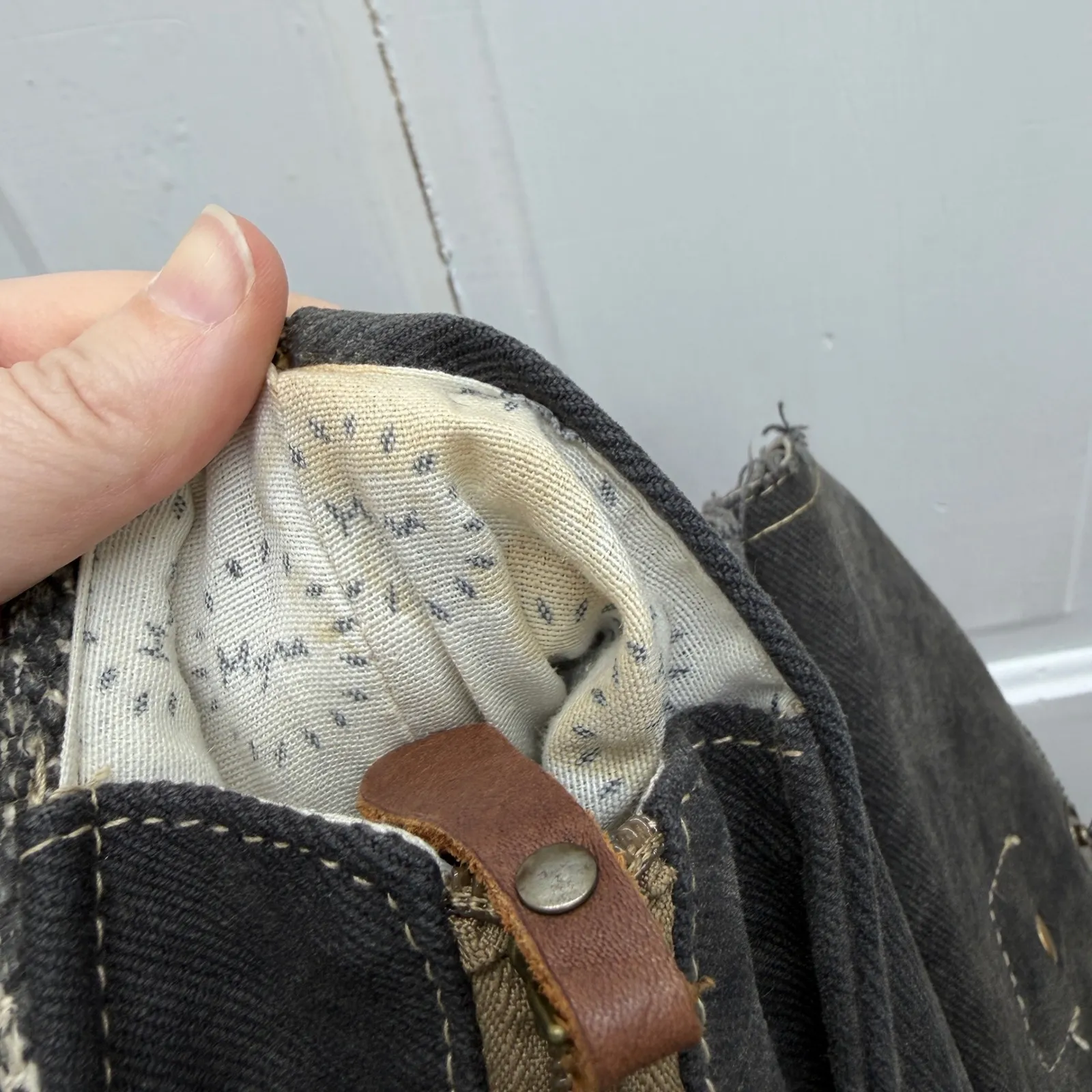 Myra Bag Carry Me back pack cow hide white grey paisley canvas 10.5 x 3.5 x 9.5 Tan - Image 9